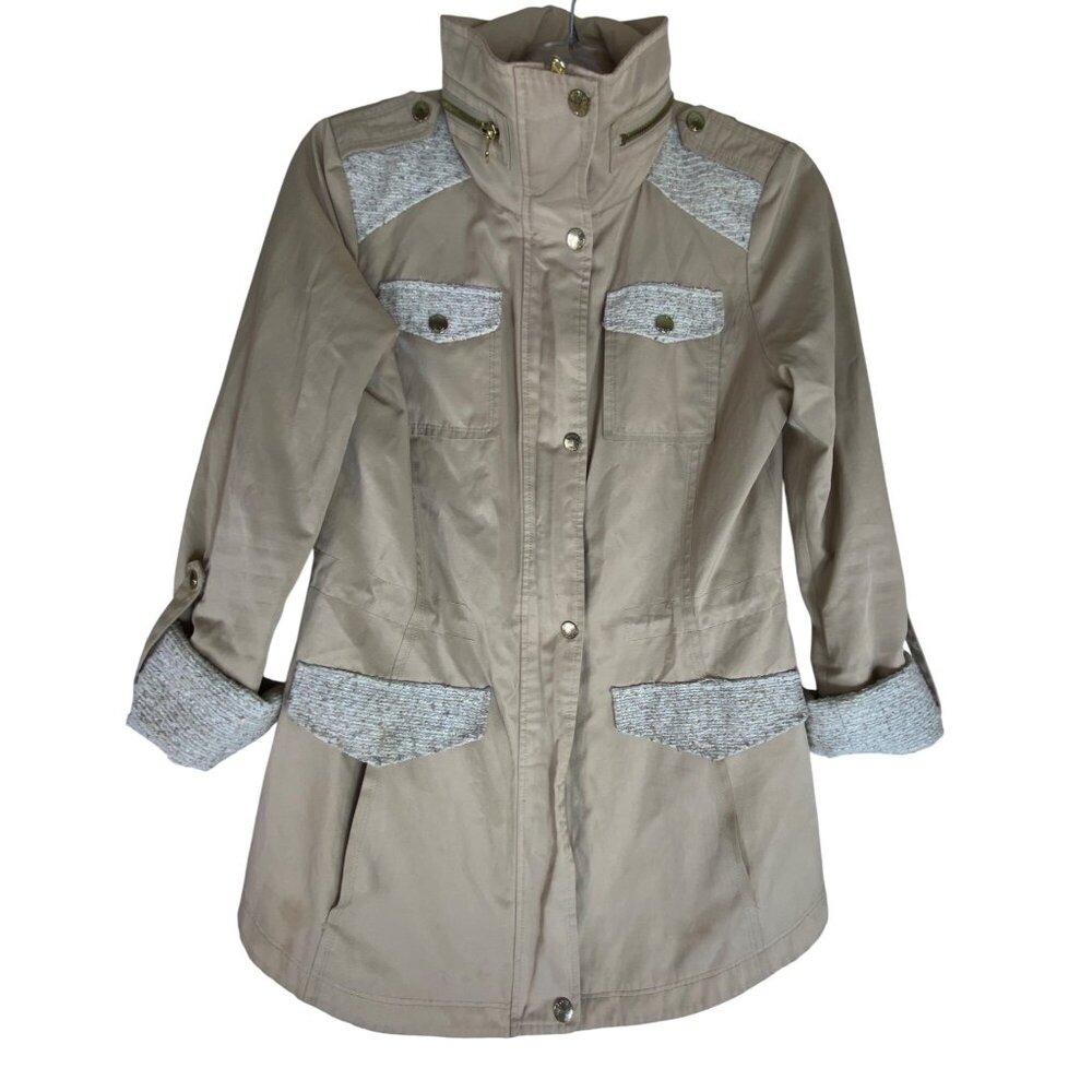 Guess Small Beige Trench Coat Tweed Trim Utilitarian Safari‎ Jacket Casual Y2K